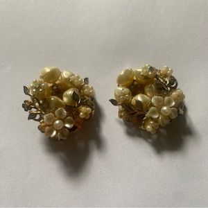 Vintage flower wreath faux? Pearl wreath clip on earrings wedding engagement